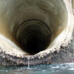 A concrete stormwater pipe spilling water out into the ocean