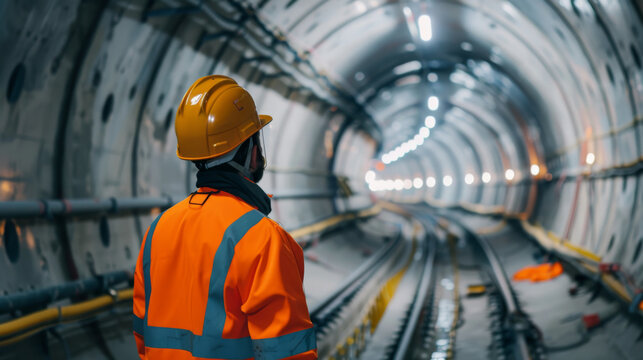construction worker in orange standing in a train tunnel