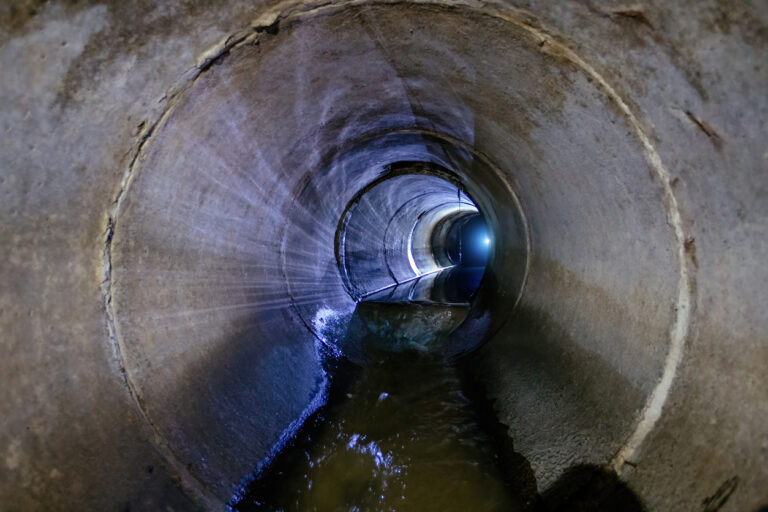 Industrial wastewater and urban sewage flowing through round sewer pipe.